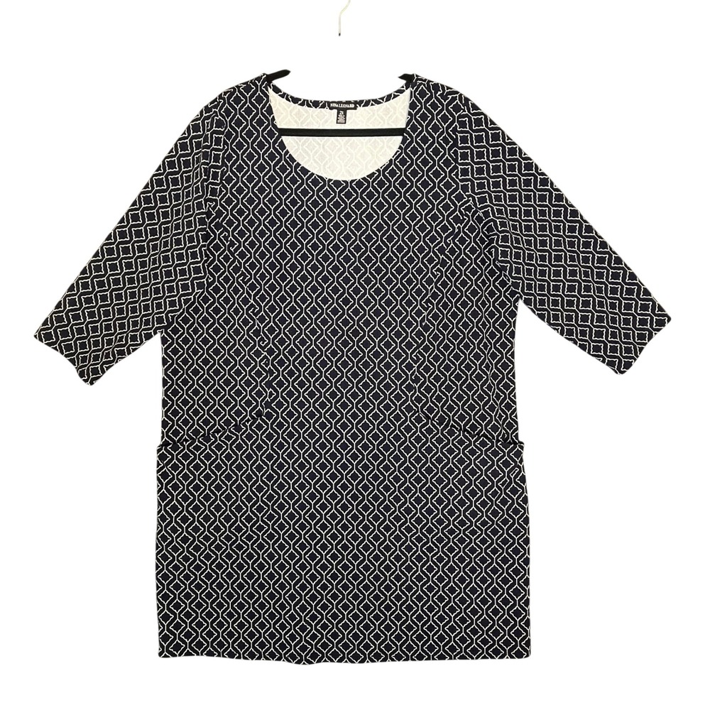 Nina Leonard Shift Dress Womens 2X Navy Blue Lattice 3/4 Sleeve Pockets Career